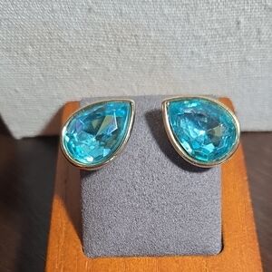 Peacock Blue Faceted Glass Teardrop Clip-On Earrings